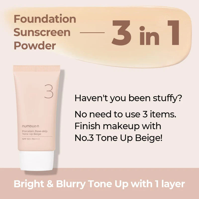 Numbuzin No.3 Porcelain Base-skip Tone Up Beige SPF50+ PA++++ – 50ml | Primer, Sunscreen & Tone-Up in One