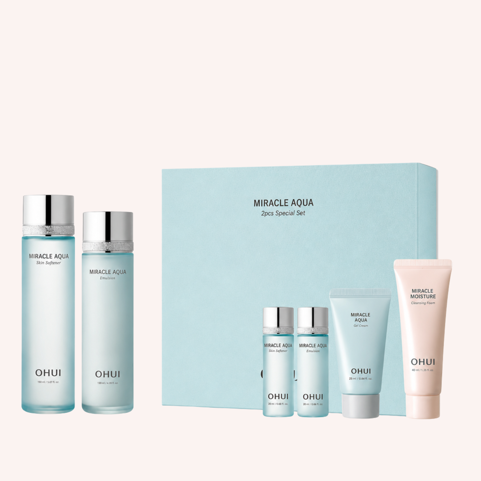 O HUI Miracle Aqua 6pcs Special Skincare Set Skin Softener 150ml, Emulsion 130ml Deep Hydration & Moisture Lock Korean Beauty Gift