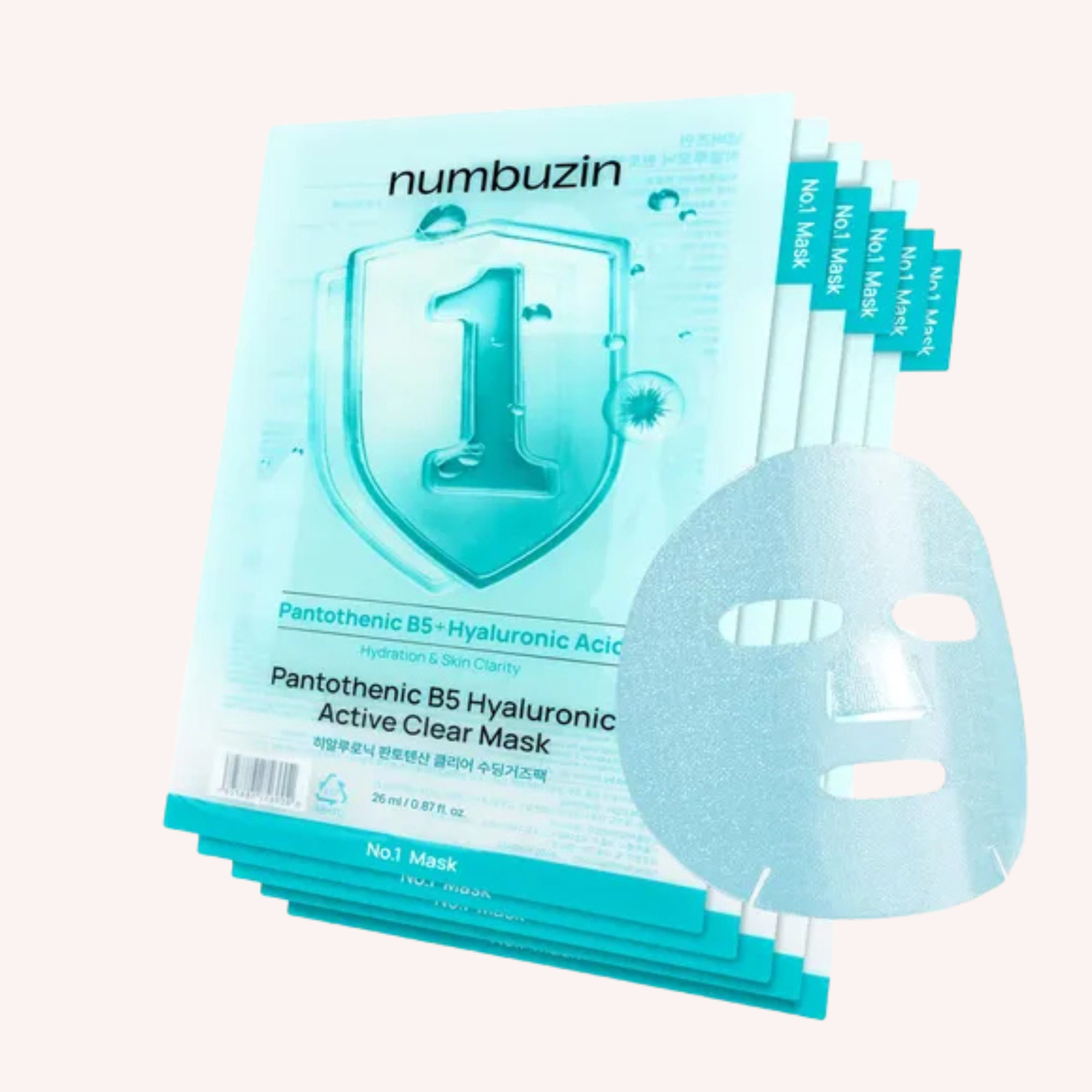Numbuzin No.1 Pantothenic B5 Hyaluronic Active Clear Mask – 26ml x 5 Sheets | Deep Moisture & Acne-Friendly Calming Care