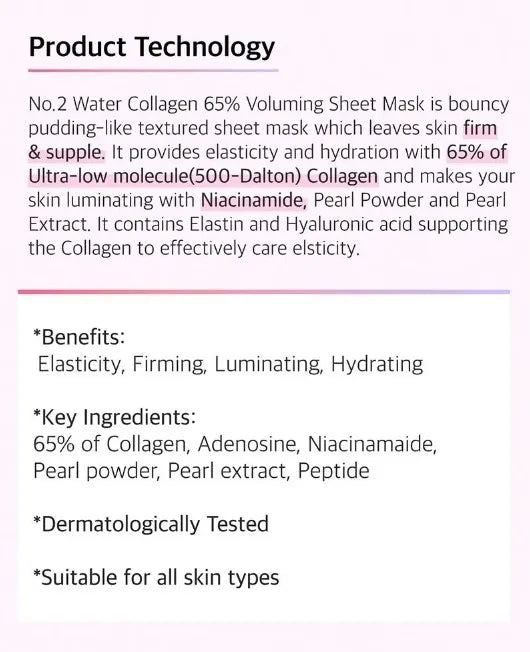 Numbuzin No.2 Water Collagen 65% Voluming Sheet Mask  27ml x 5 sheets | Firming & Hydrating Anti-Ageing Mask
