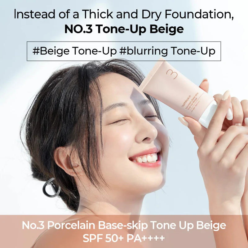 Numbuzin No.3 Porcelain Base-skip Tone Up Beige SPF50+ PA++++ – 50ml | Primer, Sunscreen & Tone-Up in One