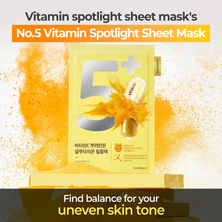 Numbuzin No.5+ Vitamin Spotlight Sheet Mask 27ml x 5 sheets – Radiant Glow